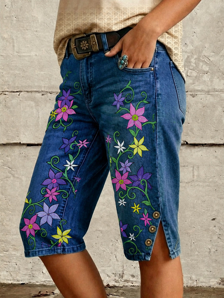 Retro Style Floral Art Print Vintage Casual Denim Shorts